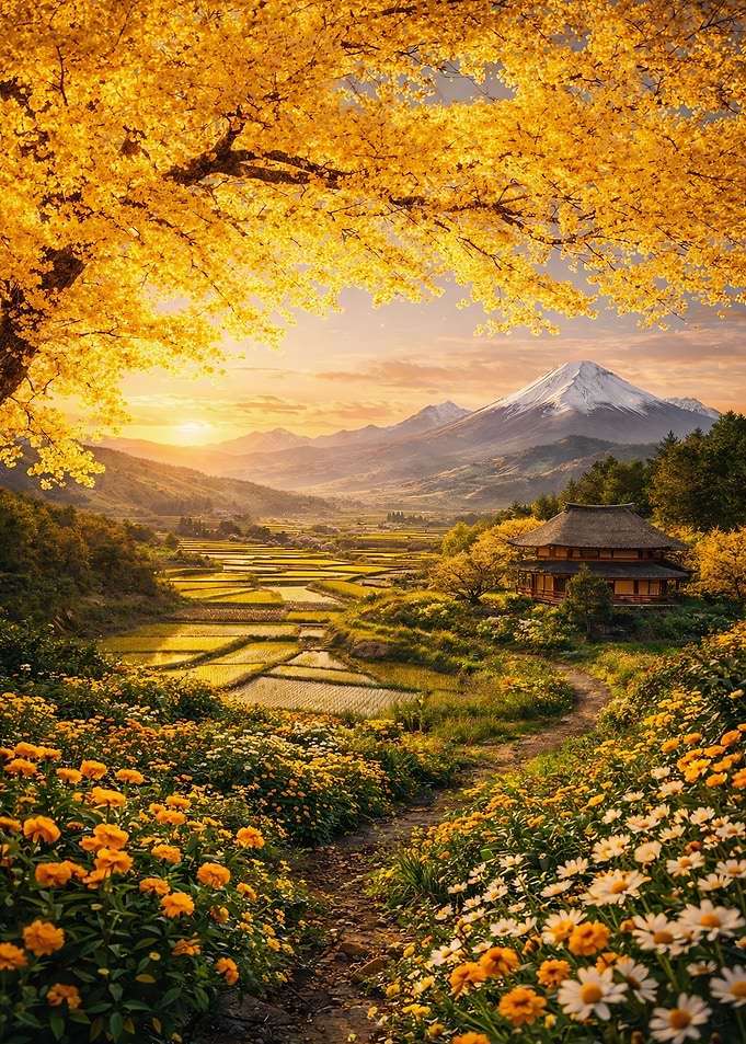 Autumn Japanese Landscape with Mount Fuji