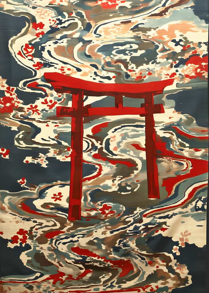 Red Torii Gate in Water with Cherry Blossoms