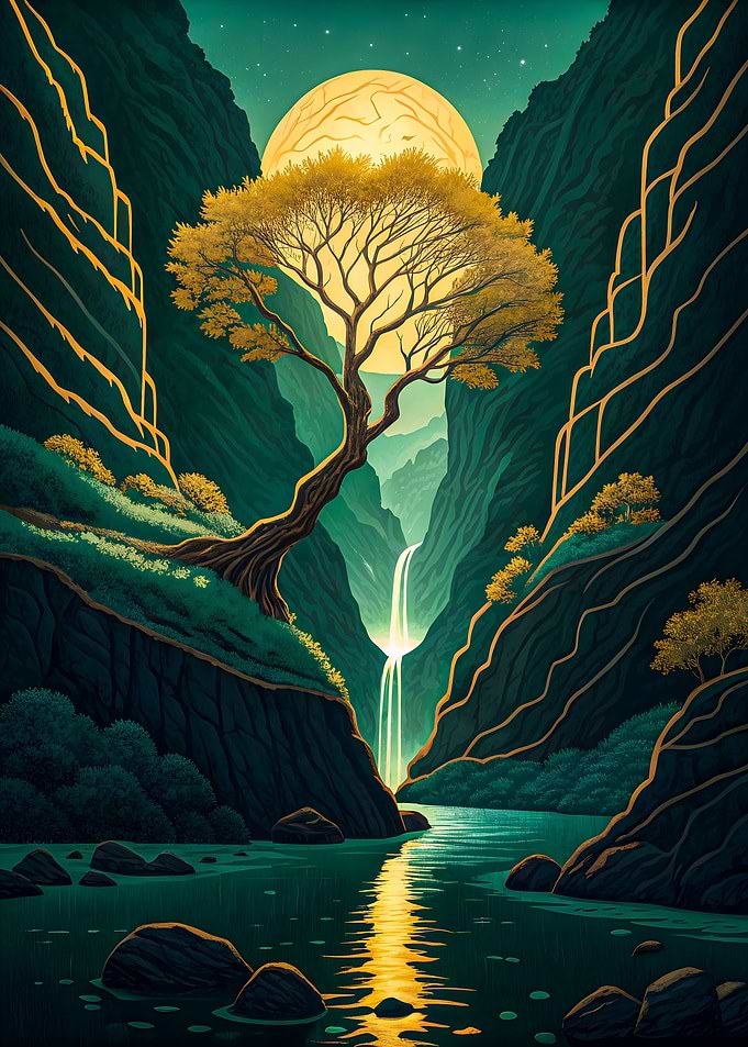 Spiritual Journey: Magical Tree, Waterfall, and Mountains Under the Moon