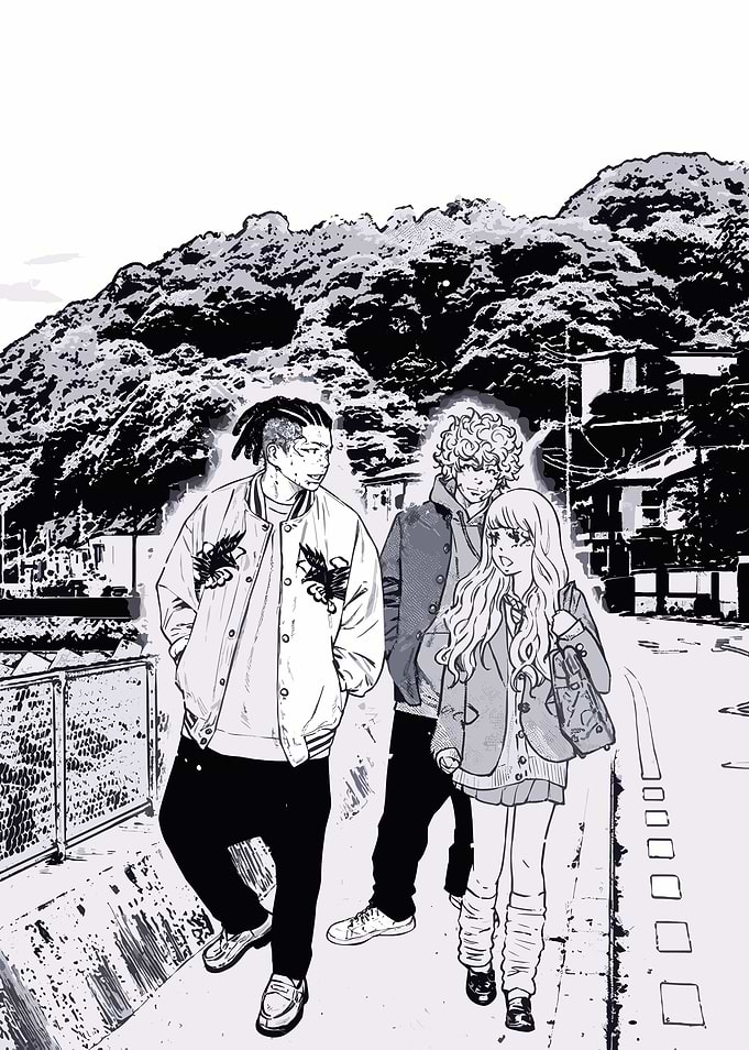 Three friends walking on a street