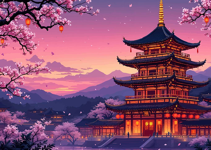 Japanese Pagoda at Sunset