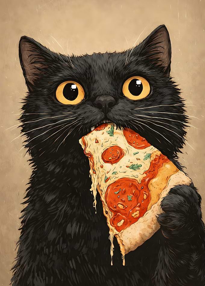 Black Cat Eating Pizza