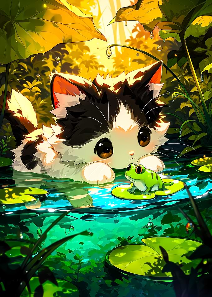 Cute Cat and Frog in Pond
