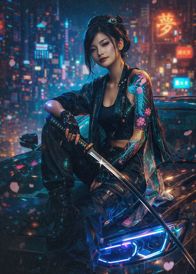 Cyberpunk Samurai Woman with Katana