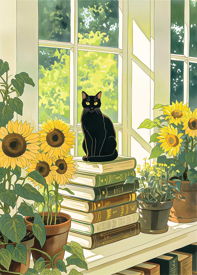 Black Cat on Books with Sunflowers