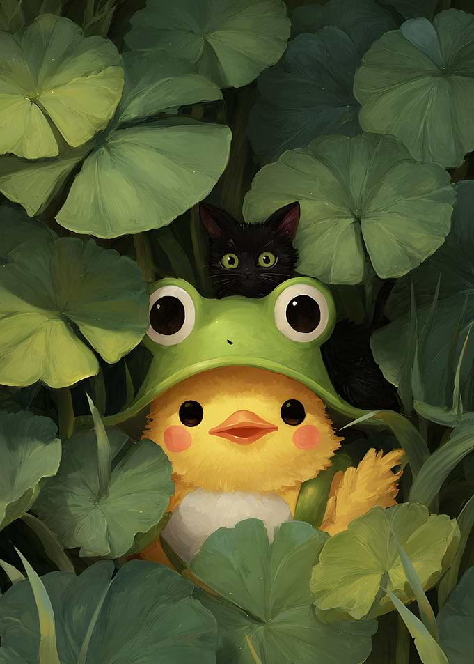 Cute chick in frog hat with cat