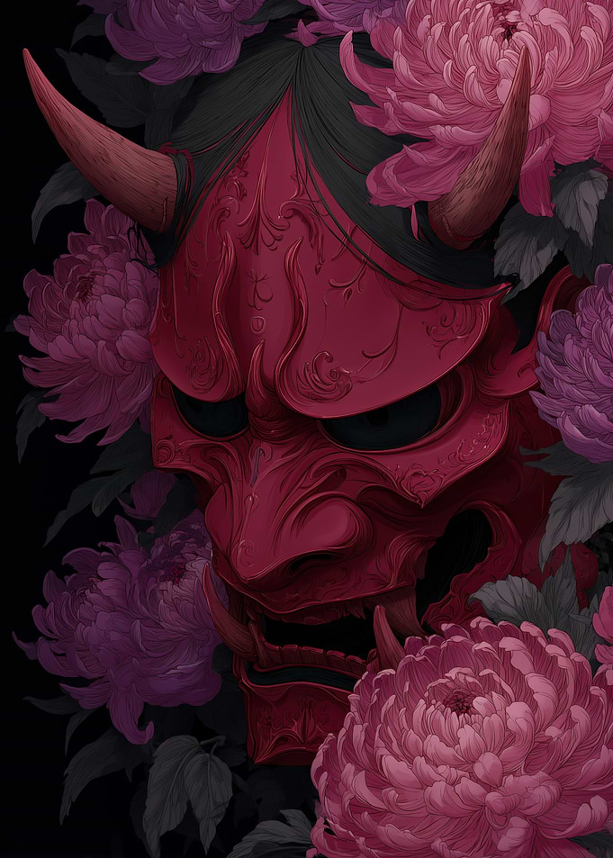 Red Oni Mask with Pink Chrysanthemums