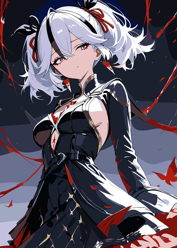 Anime girl in dark outfit with red accents