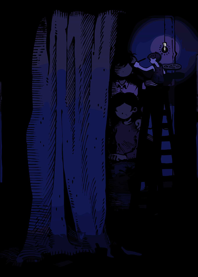 Children hiding behind a tree