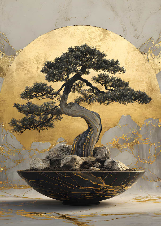 Bonsai Tree in Golden Sun Bowl