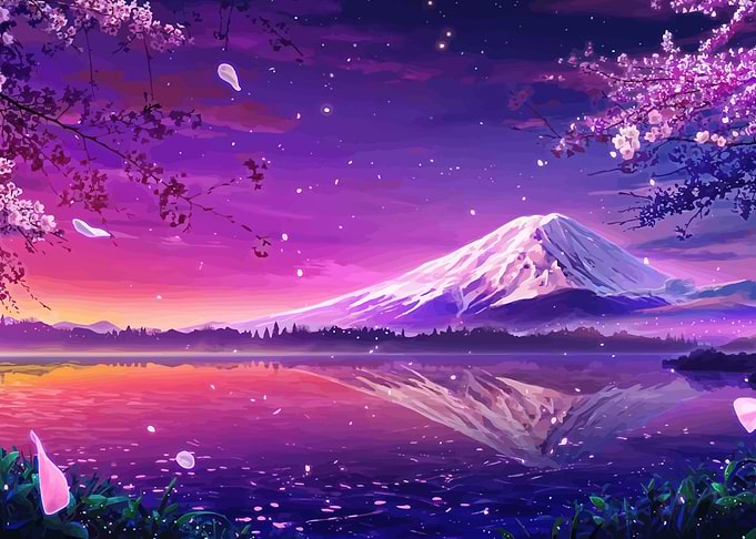 Mount Fuji at sunset with cherry blossoms
