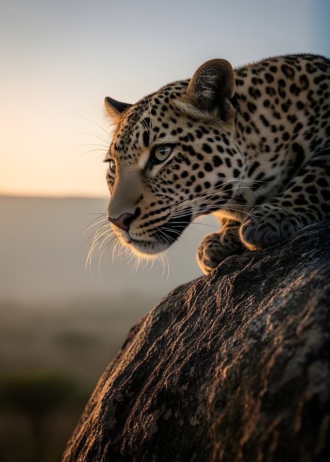 Leopard on a rock at sunset