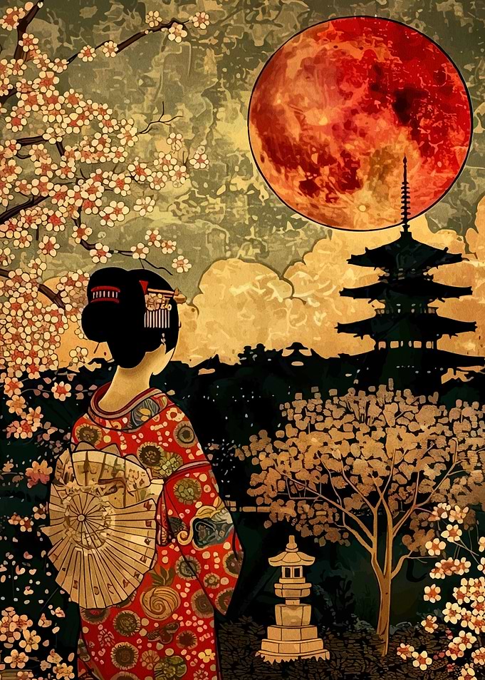 Geisha Under a Blood Moon