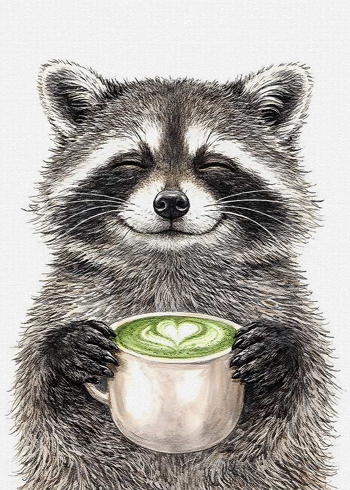 Cute Raccoon Holding Matcha Latte