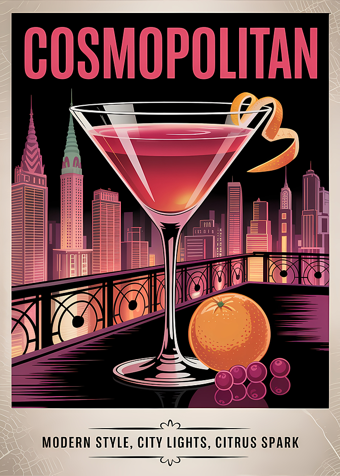 Cosmopolitan Cocktail with Cityscape