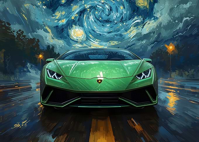 Green Super Car in Starry Night Style