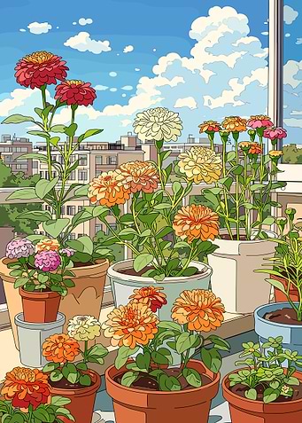 Balcony Garden with Zinnias