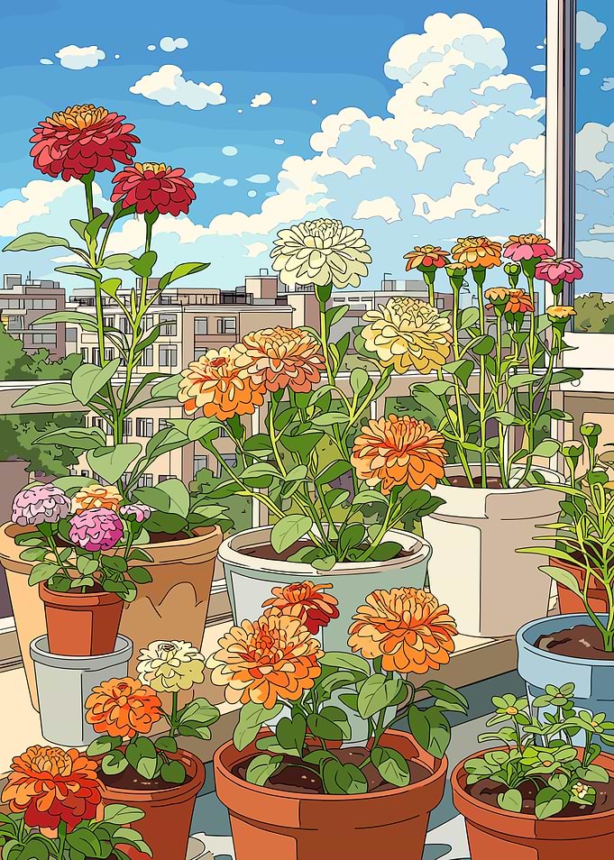 Balcony Garden with Zinnias