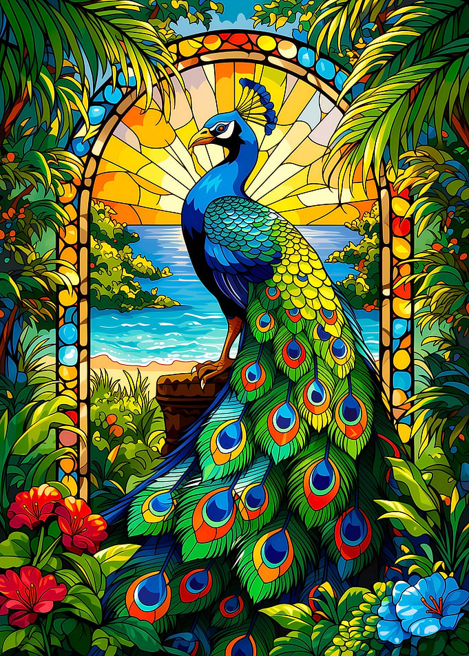 Stained Glass Peacock by the Ocean