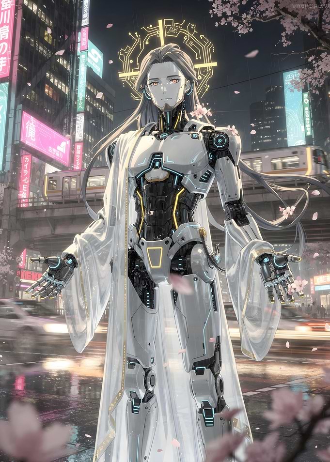 Cyberpunk Robot with Halo in City