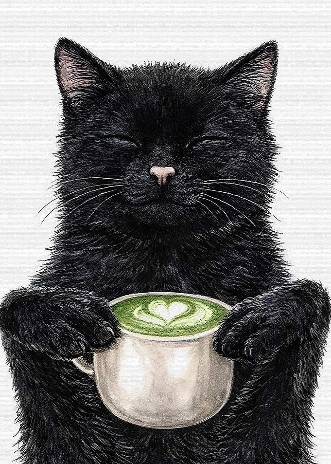 Black Cat Holding Matcha Latte