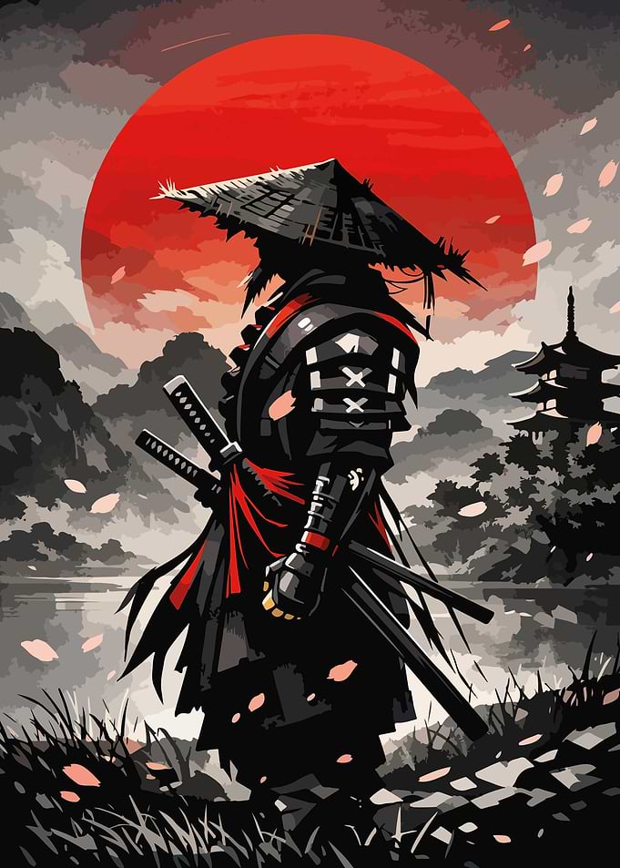 Samurai reflection under the red moon