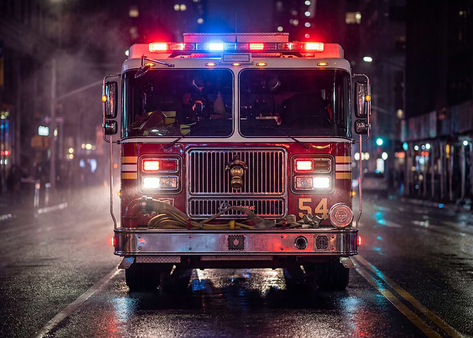 Fire Truck in City at Night