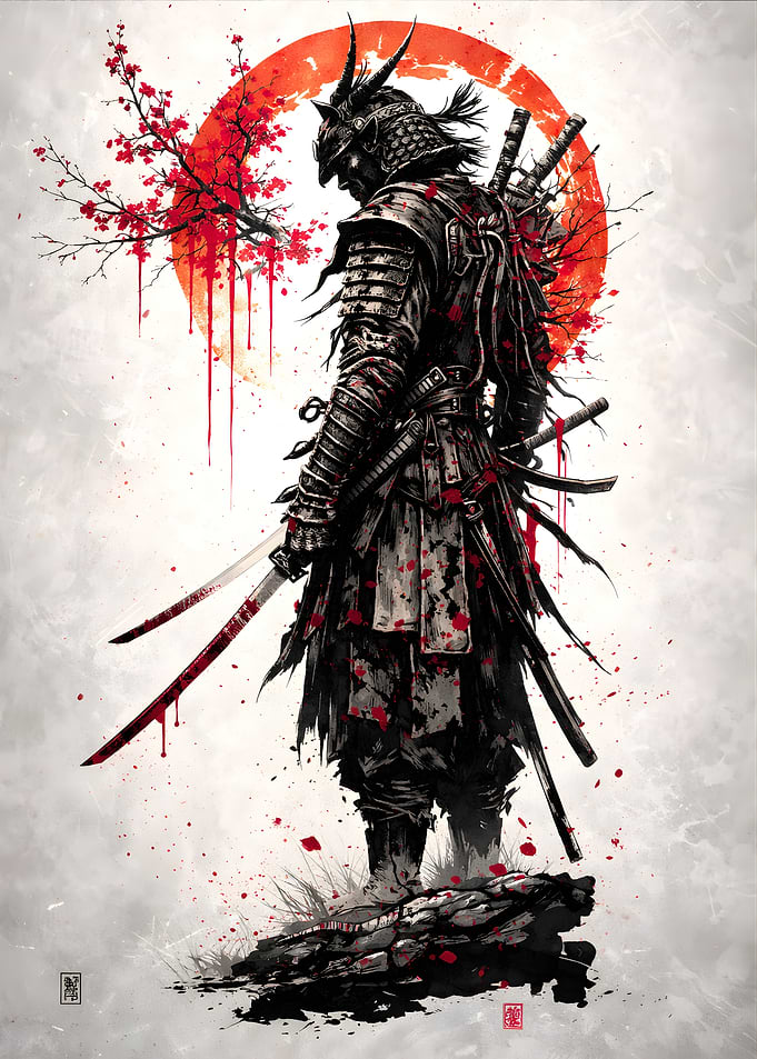 Samurai Warrior with Bloody Swords