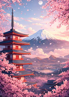 Mount Fuji Pagoda Cherry Blossoms