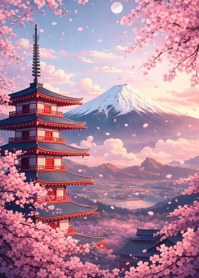 Mount Fuji Pagoda Cherry Blossoms
