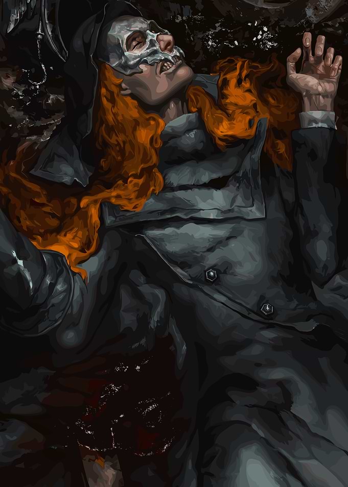 Gothic Figure with Skull Mask and Red Hair
