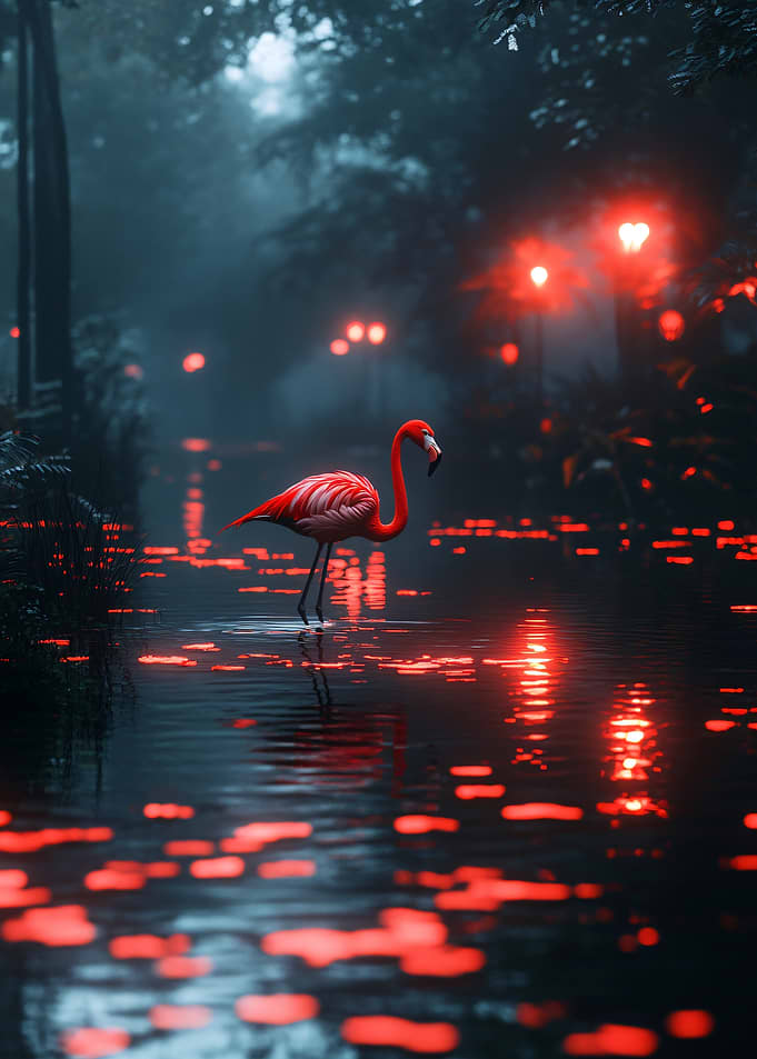Flamingo in a mystical red-lit forest