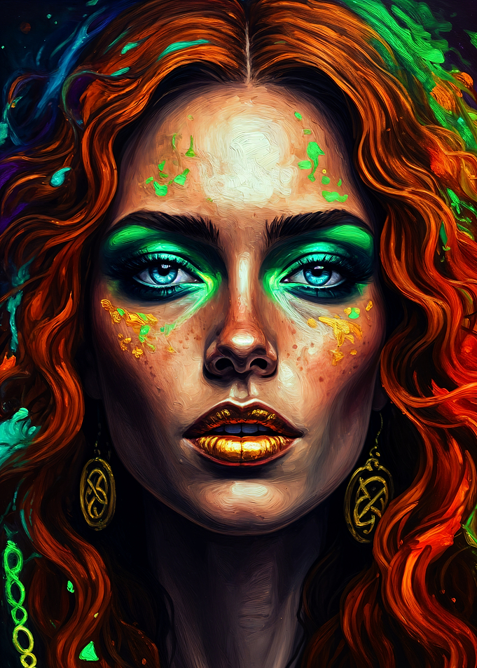 Fantasy Woman with Fiery Hair and Green Makeup