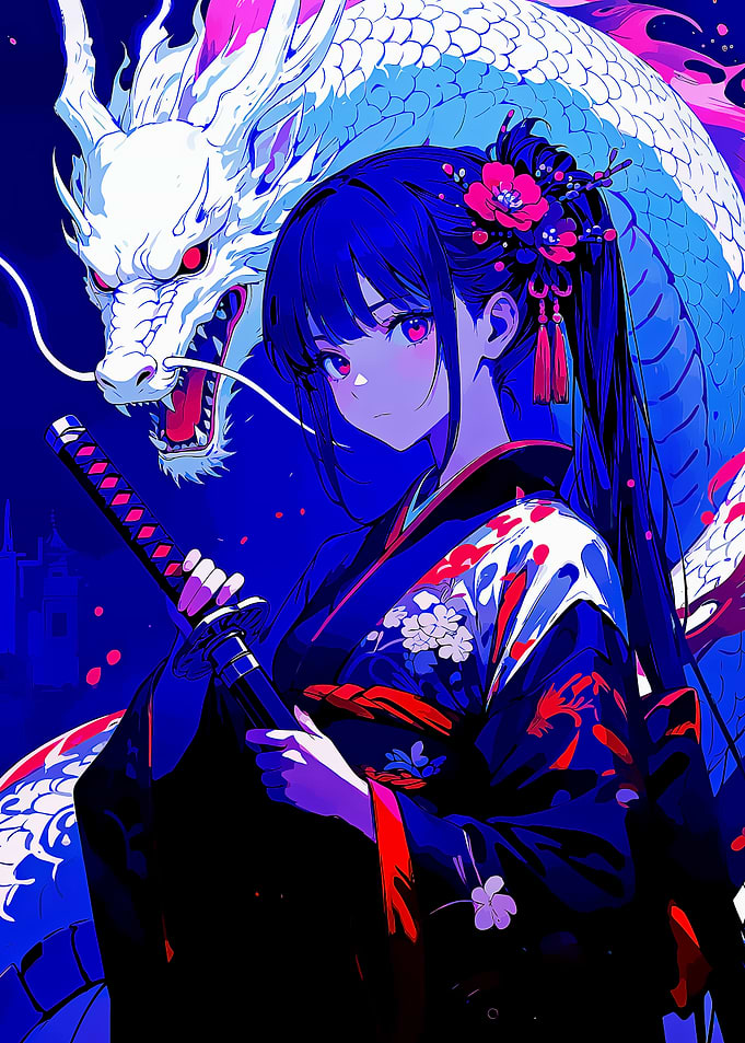 Anime Girl with White Dragon