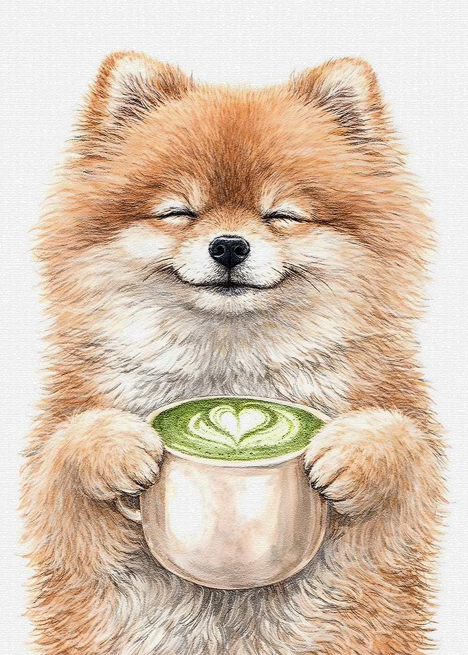 Cute Pomeranian with Matcha Latte