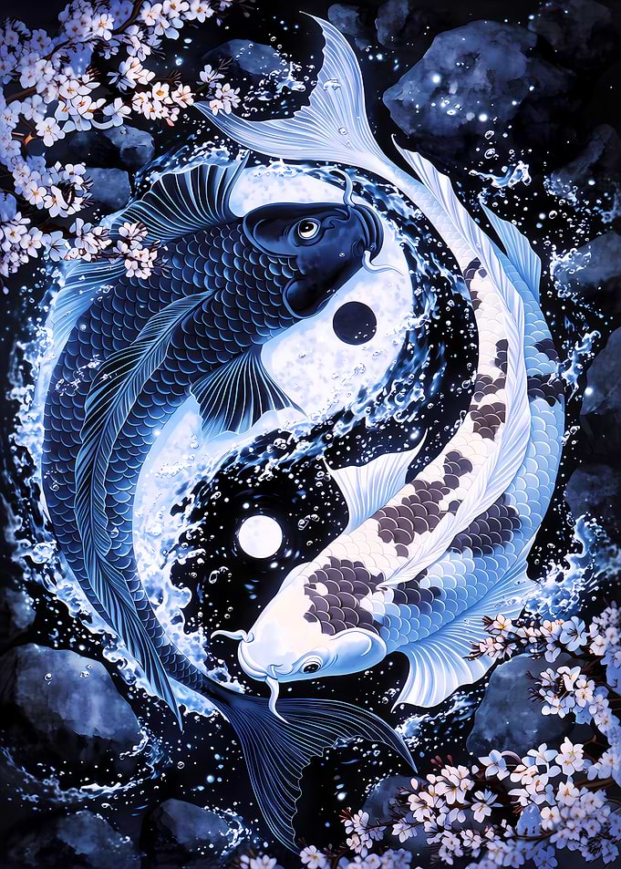 Yin Yang Koi Fish and Cherry Blossoms