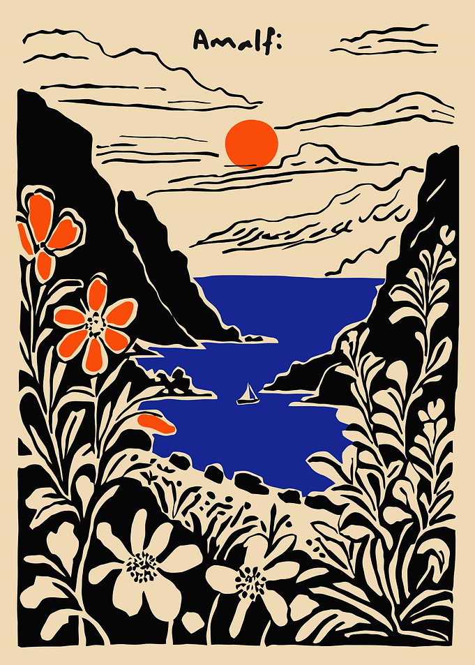 Amalfi Coastline with Sailboat and Flowers
