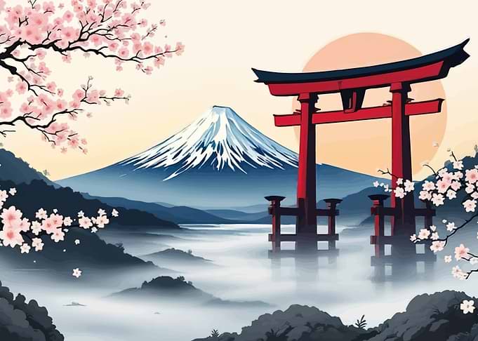 Mount Fuji Torii Gate Cherry Blossoms