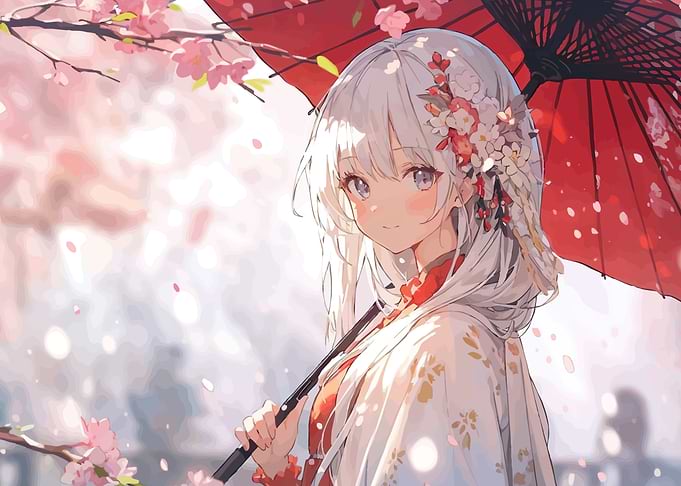 Anime Girl with Cherry Blossoms and Umbrella