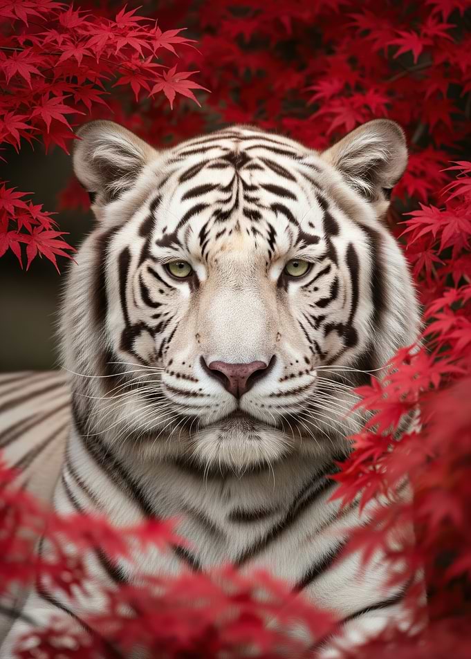 White Tiger Among Red Leaves
