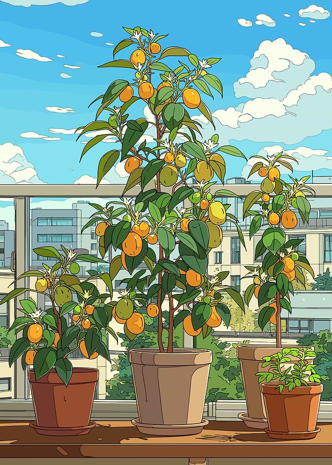 Potted Citrus Trees on a Balcony