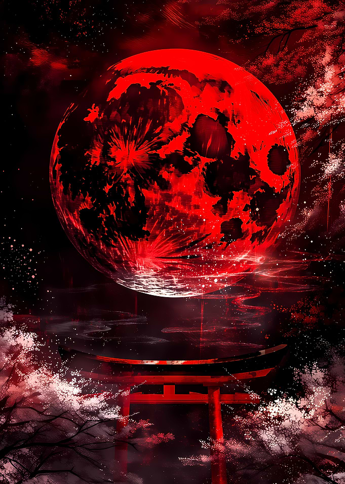 Crimson Moon Over Torii Gate