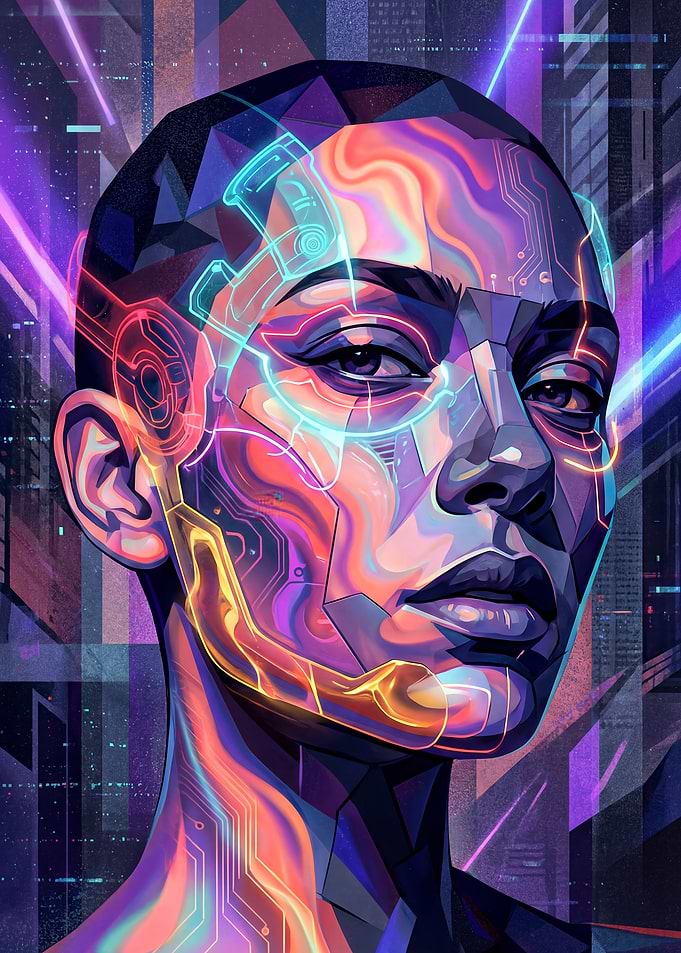 Cyberpunk Portrait with Neon Circuits
