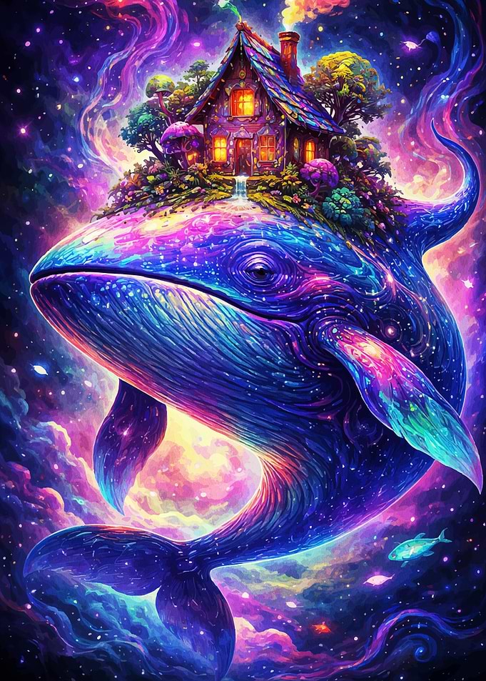 Cosmic Whale with House in Space