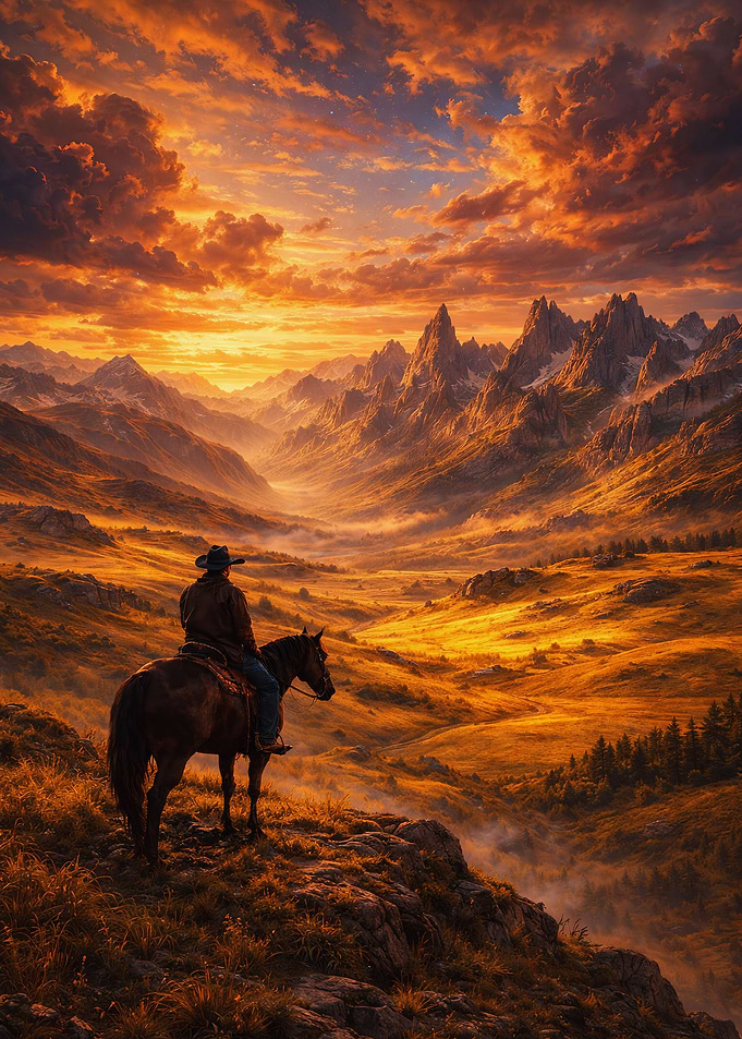 Cowboy on Horseback at Sunset