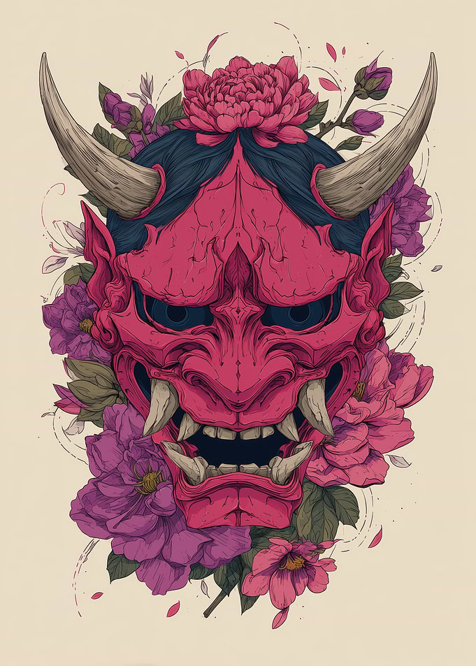 Japanese Oni Mask with Flowers
