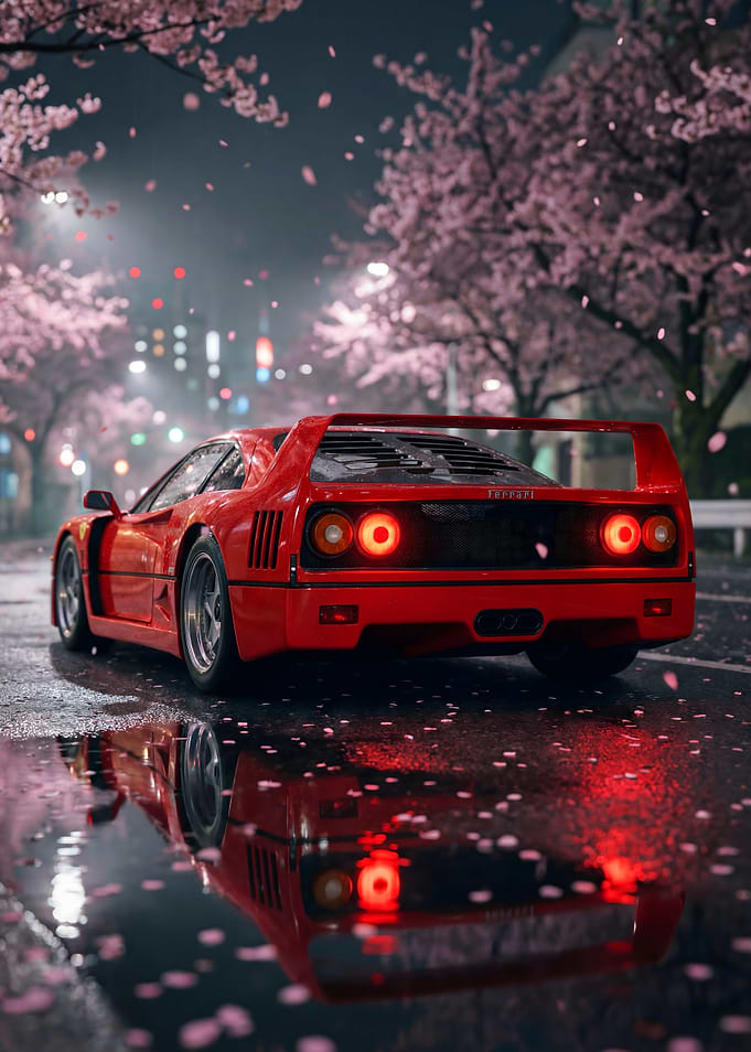 Red Ferrari F40 Under Cherry Blossoms