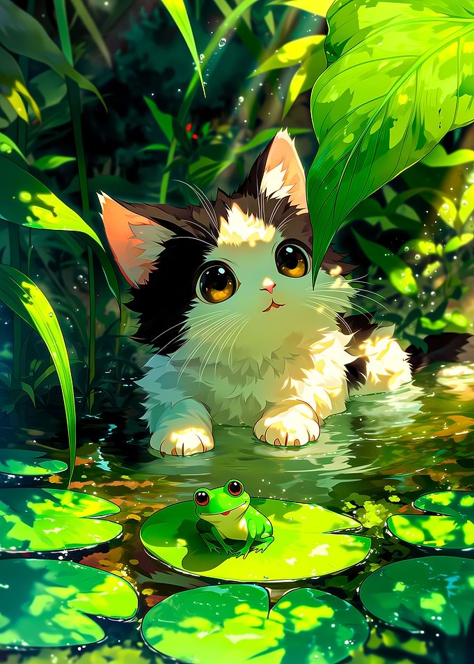 Cute Kitten and Frog in Nature