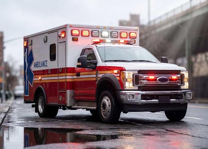 Ambulance on Wet City Street