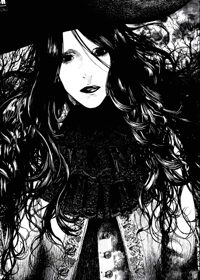 Gothic Woman in Black Hat and Lace